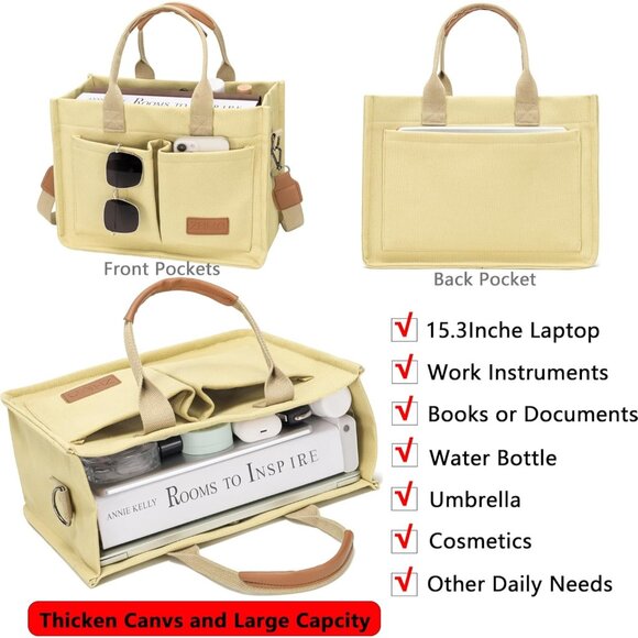 Women's Khaki Imported Canvas Laptop Crossbody Work Large Tote Handbags - Picture 2 of 8